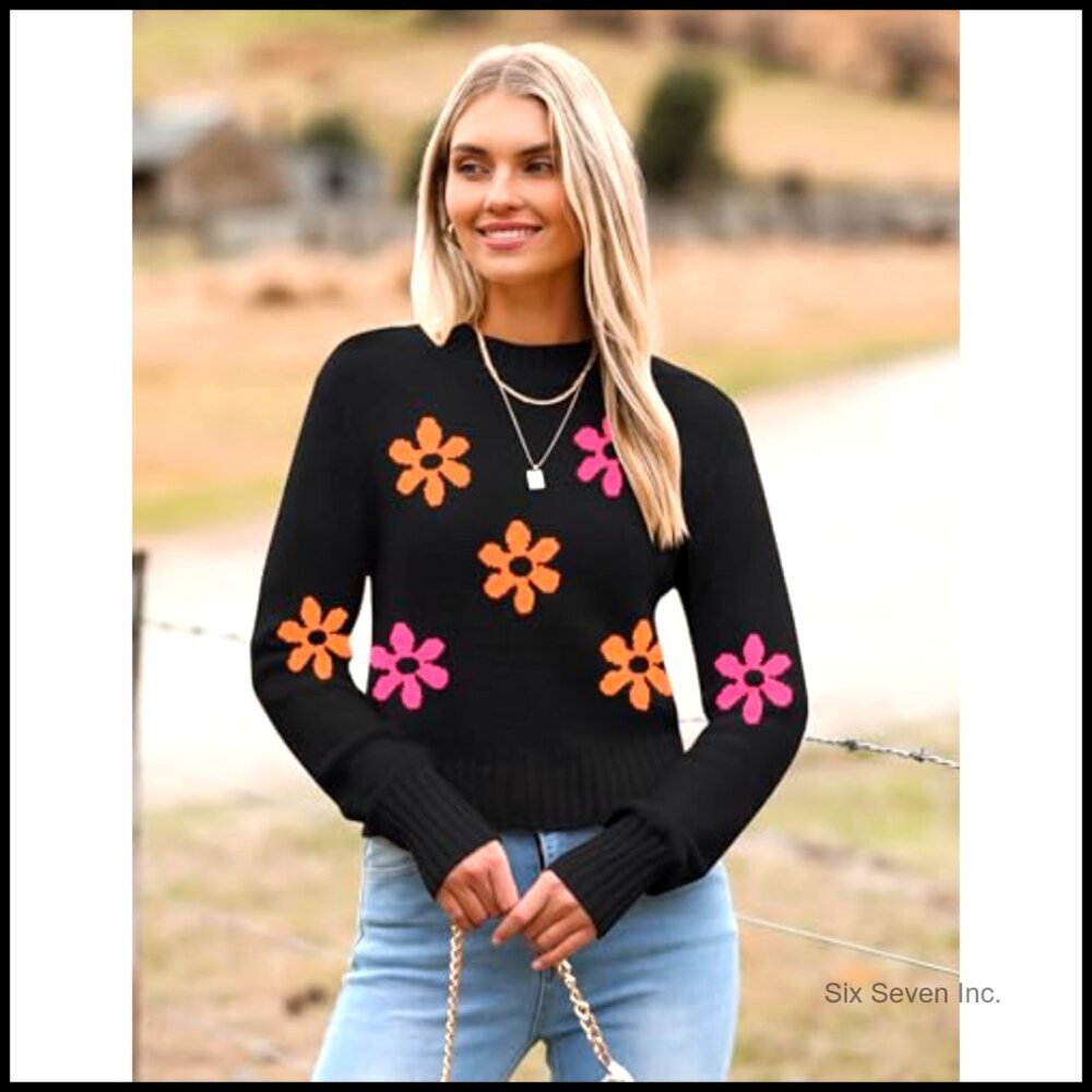 Crewneck Cropped Sweater Ribbed Knit Pullover Long Sleeve Trendy Fall Tops - Picture 2 of 7